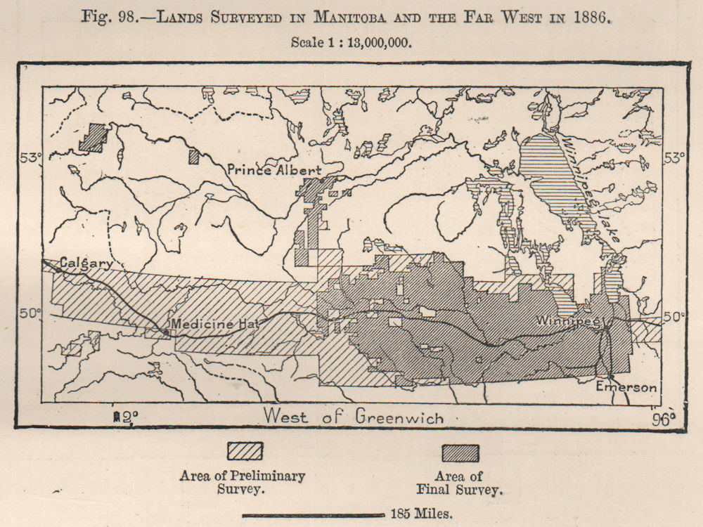 Lands surveyed in Manitoba and the far west in 1886. Canada 1885 old map